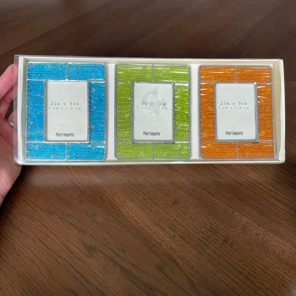 Pier 1 Beaded Picture Frames Lot of 3 Mini Photo Orange Blue Green 2